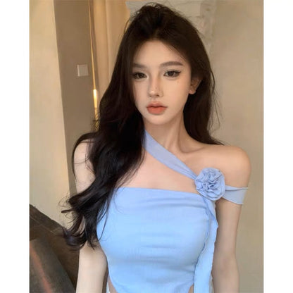 Summer design sense small crowd sleeveless outerwear vest female pure desire sweet hot girl one-shoulder sexy halter neck short top