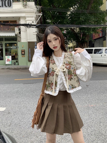 Retro embroidery lace straps high-end waistcoat long-sleeved shirt women's autumn 2023 new fashion suit