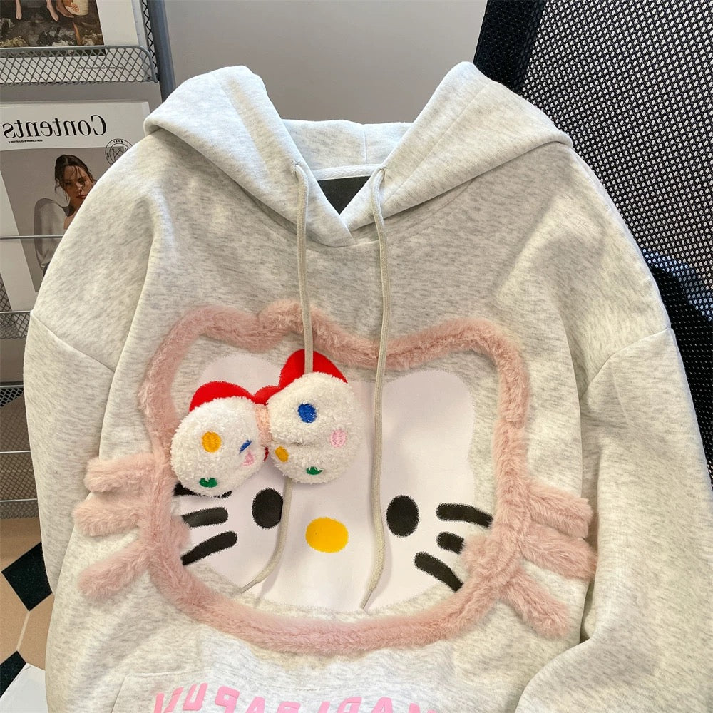 Cute and lovely three-dimensional plush Hello Kitty hooded sweatshirt for men and women in spring and autumn, sweet and unique, super beautiful tops and jackets