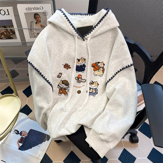 European goods stylish contrast color embroidered cat hoodie sweatshirt men and women spring and autumn sweet and cute small tops jacket