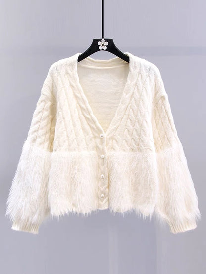 Xiaoxiangfeng mink velvet spliced sweater jacket for women autumn and winter 2023 new loose, gentle and high-end knitted cardigan