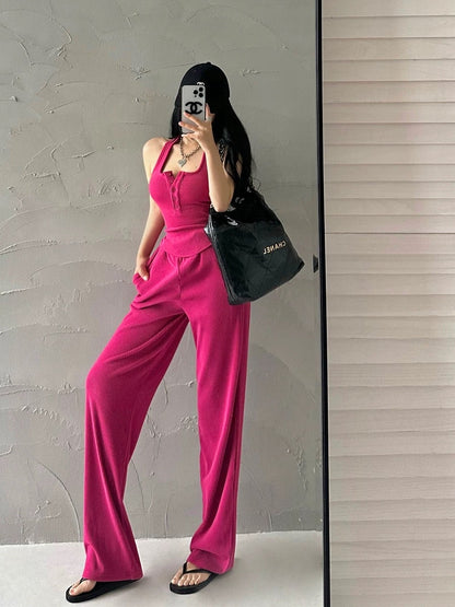 Spice Girl Style Sexy Backless Halter Vest High Waist Loose Casual Pants Mopping Trousers Set