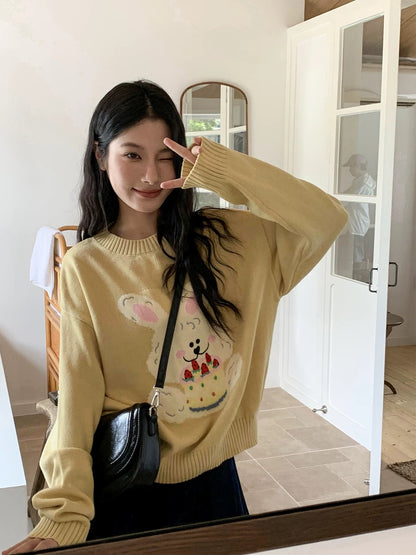 Hello Canon cartoon rabbit jacquard embroidered sweater women autumn 2024 new loose pullover round neck sweater