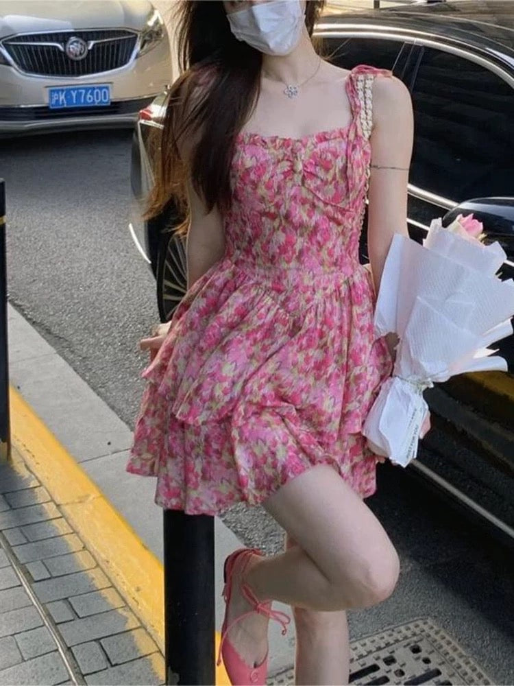 Pure desire style sexy sweet and spicy style pink floral suspender skirt waist slimming short cake skirt fluffy dress