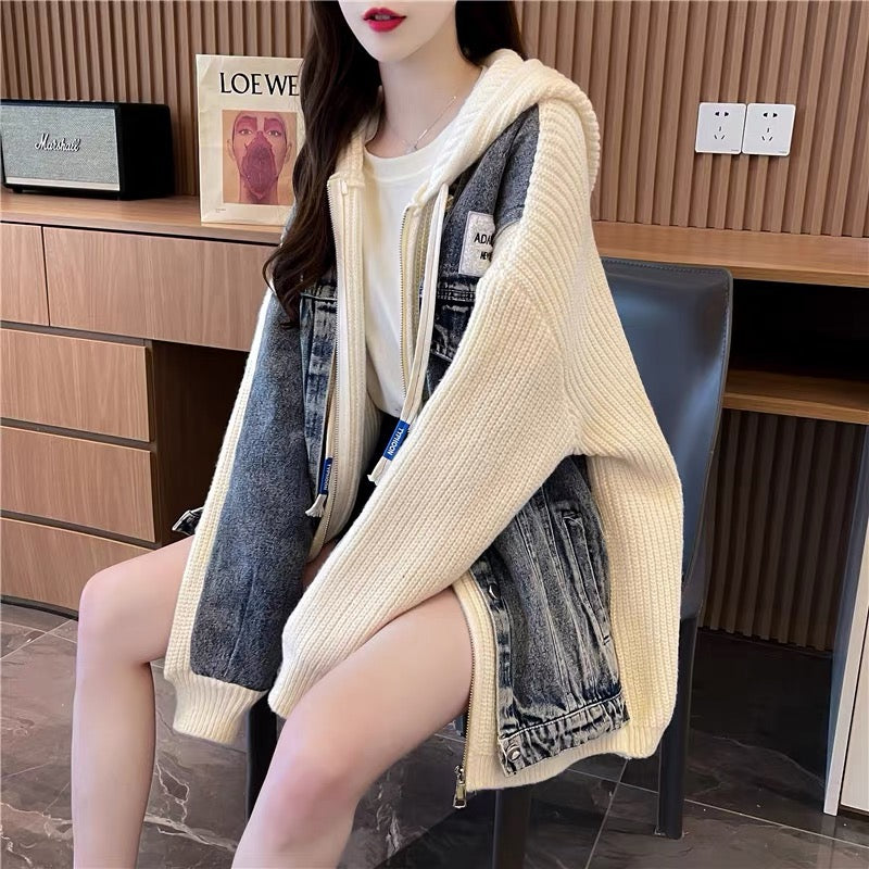 Loose and lazy denim patchwork sweater cardigan for women 2023 new