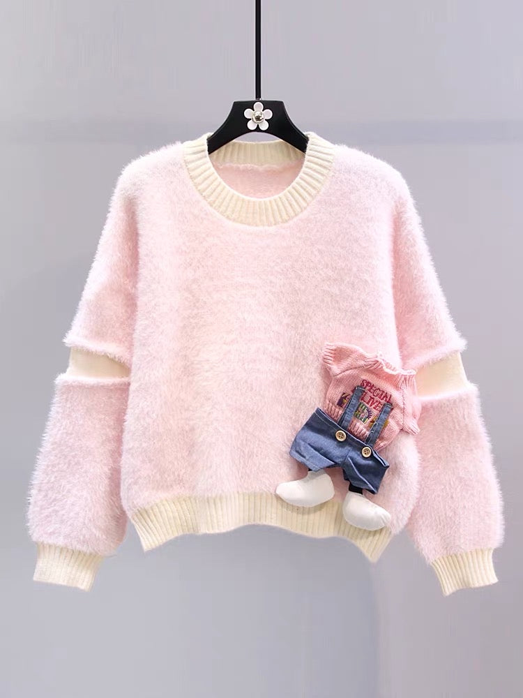 Gentle style cartoon sweater for women autumn and winter 2023 new loose lazy style versatile and western style age-reducing knitted sweater top