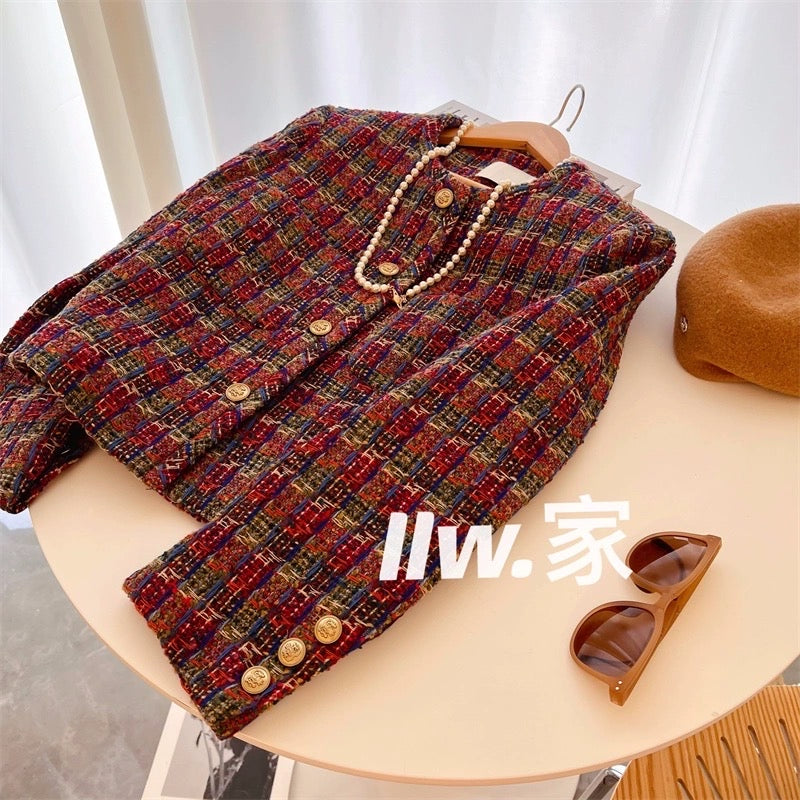 Autumn Color Equation shi~ Round neck tweed woven short jacket Feminine celebrity single-breasted small fragrant wind top