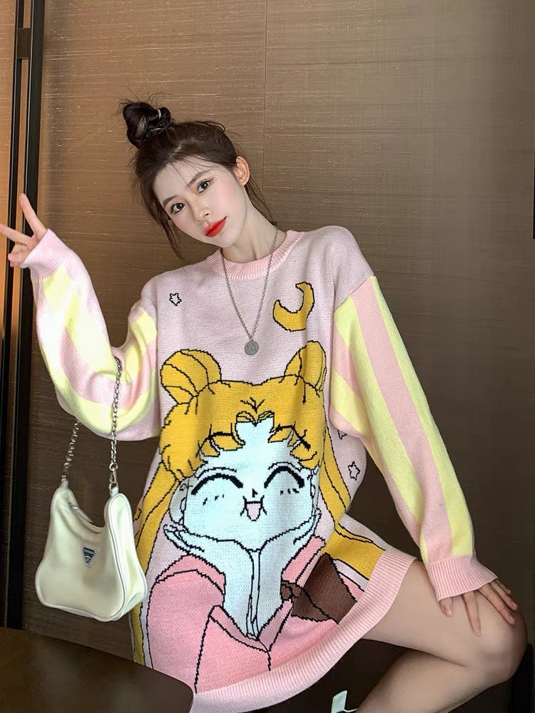 2023 Sailor Moon Sweater Women's Retro Hong Kong Style Loose Mid-Length Spring Autumn and Winter Bottoming Sweater Trend T2376