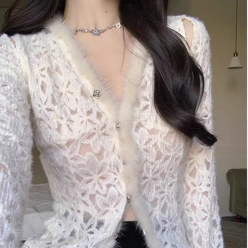 French lace hollow v-neck bottoming cardigan women's autumn and winter foreign style beautiful unique chic top design sense niche