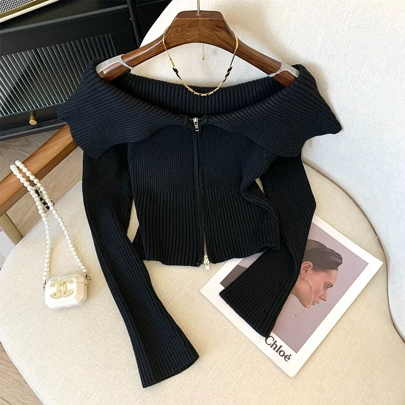 High-end pure lust design niche white one-shoulder double zipper waist short sweater top for women in autumn and winter