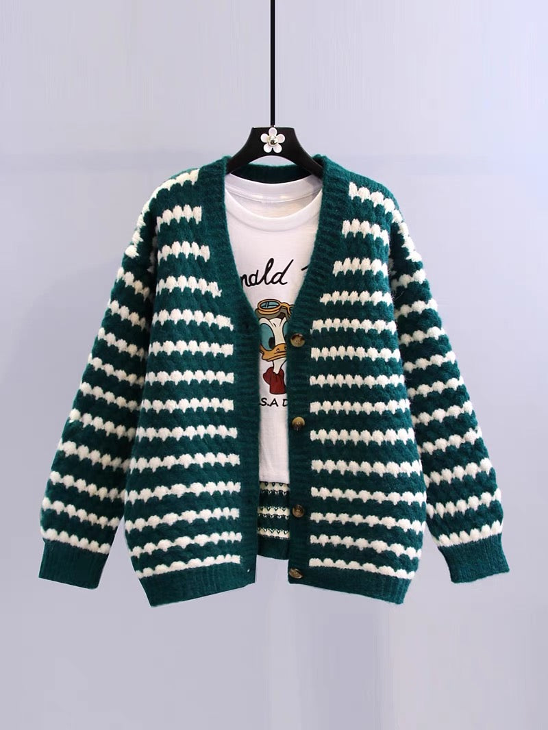 Retro Japanese striped sweater jacket women autumn and winter 2023 new loose lazy style all-match V-neck knitted cardigan