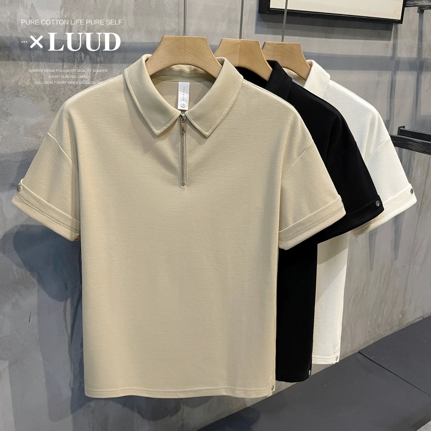 LUUD solid color loose zipper lapel polo top simple button design men's all-match short-sleeved polo T-shirt