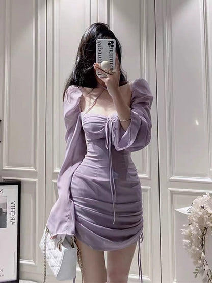 French puff sleeves hanging neck purple long-sleeved dress women's summer and autumn temperament high-end sexy slim slim package hip skirt