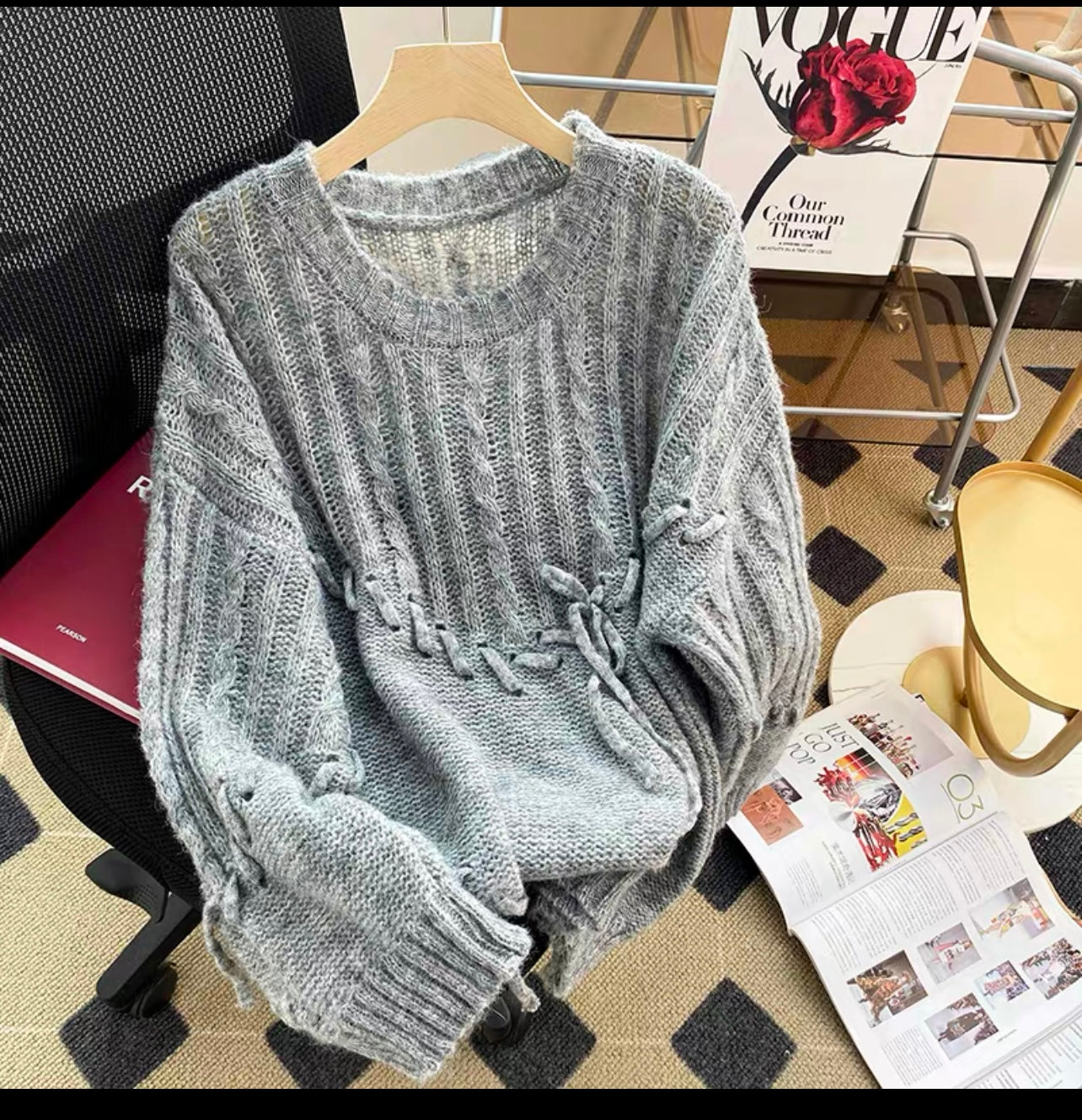 Designed lace-up thin pullover sweater for women in early autumn 2022 new Japanese style loose lazy style hollow sweater