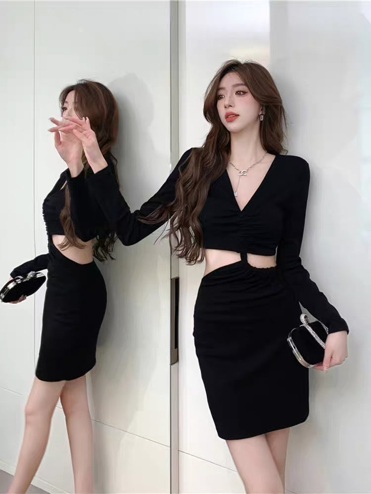 French long-sleeved v-neck white dress women's spring and autumn senior sexy babes show waist tight tight wrap hip skirt