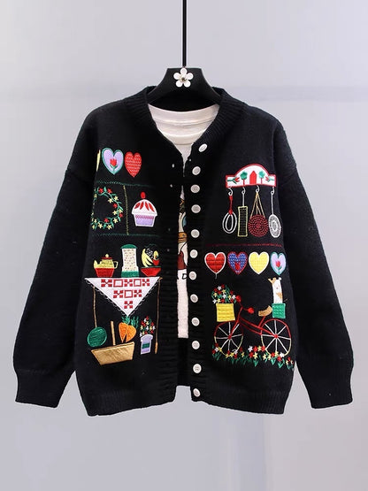 Japanese cartoon retro embroidery sweater jacket female autumn and winter 2023 new loose college style age-reducing knitted cardigan