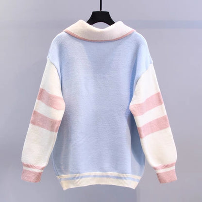 Polo collar fake two-piece sweater for women autumn and winter 2023 new Japanese college style loose design sweater top