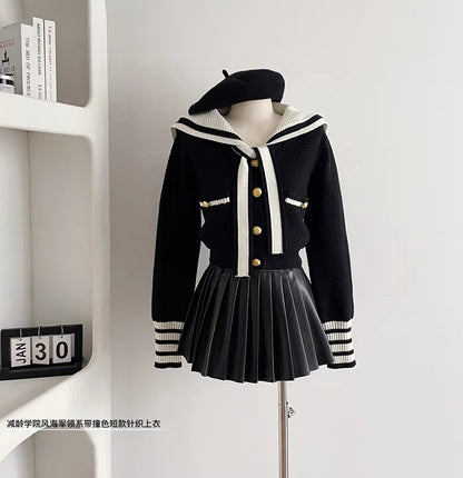 Duolaimei Naval Academy age-reducing college style navy collar tie contrasting soft waxy short knitted top