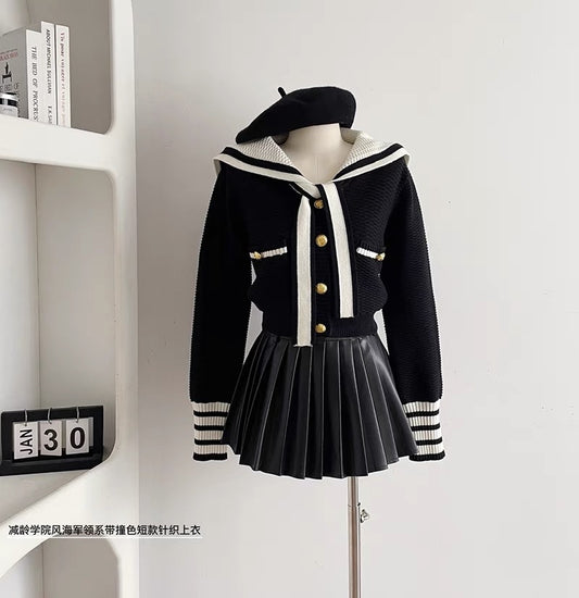 Duolaimei Naval Academy age-reducing college style navy collar tie contrasting soft waxy short knitted top