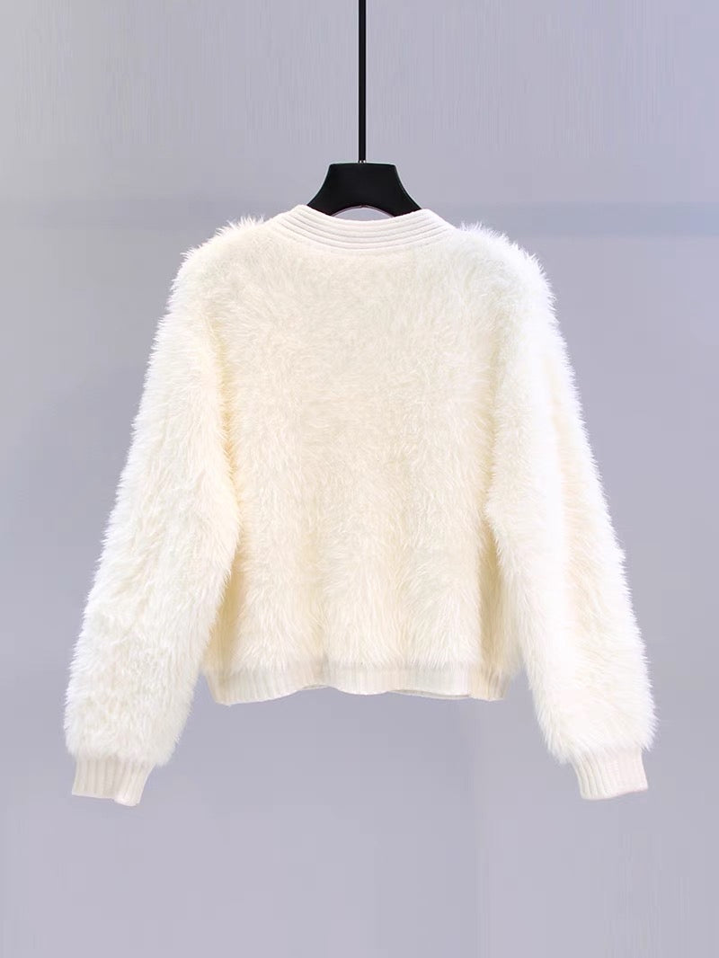 Xiaoxiangfeng beaded imitation mink velvet sweater jacket for women autumn and winter 2023 new loose short V-neck knitted cardigan