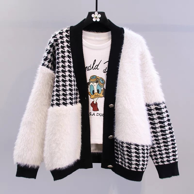 Xiaoxiangfeng mink velvet houndstooth sweater jacket women autumn and winter 2023 new loose and versatile western style knitted cardigan