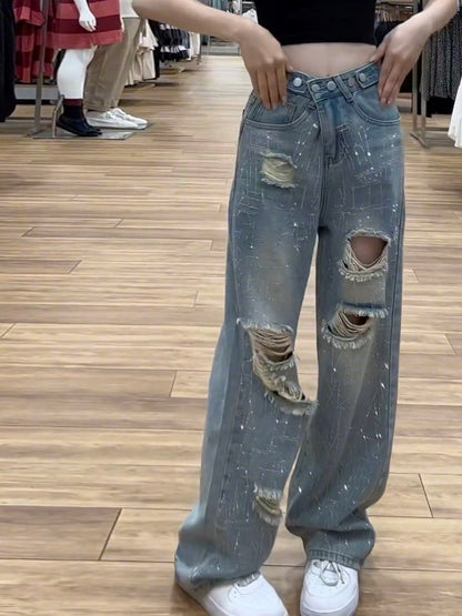 Blue high waist ripped straight jeans women's summer new large size pear-shaped body design diamond wide leg pants