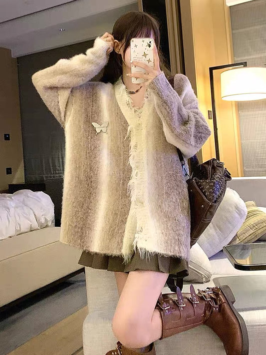 DOPS autumn and winter new mixed color gradient niche high-end butterfly tassel raw edge knitted cardigan sweater women's long sleeves