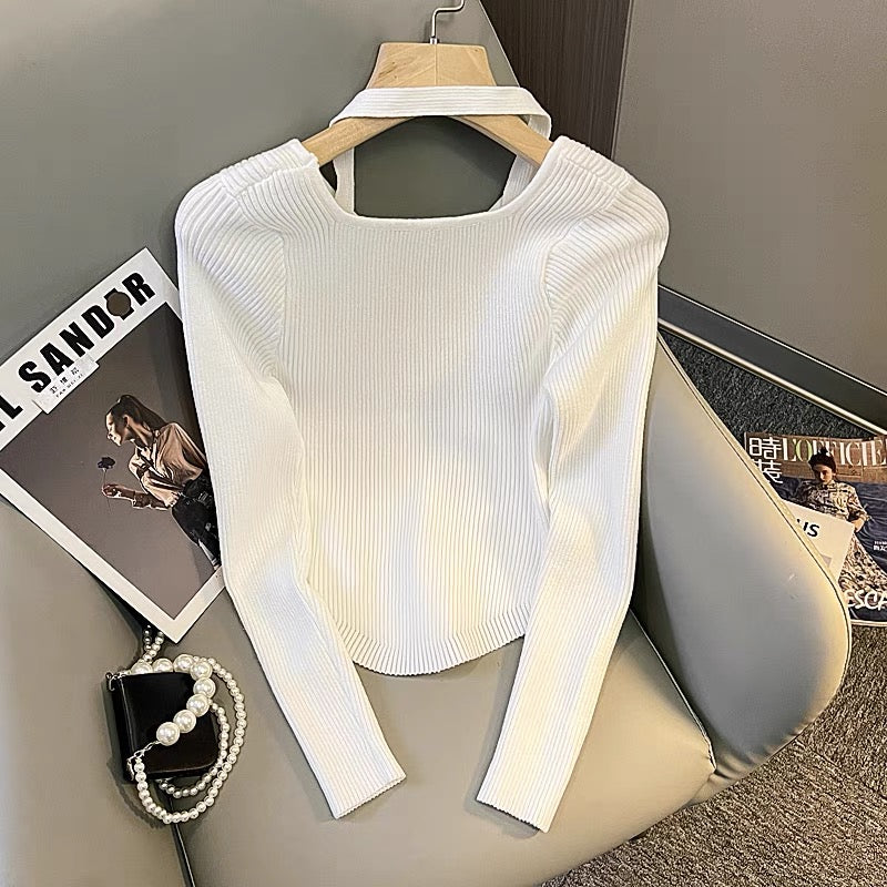 2023 new autumn style high-end temperament slim halterneck V-neck sweater women's short bottoming shirt chic top (B2211)