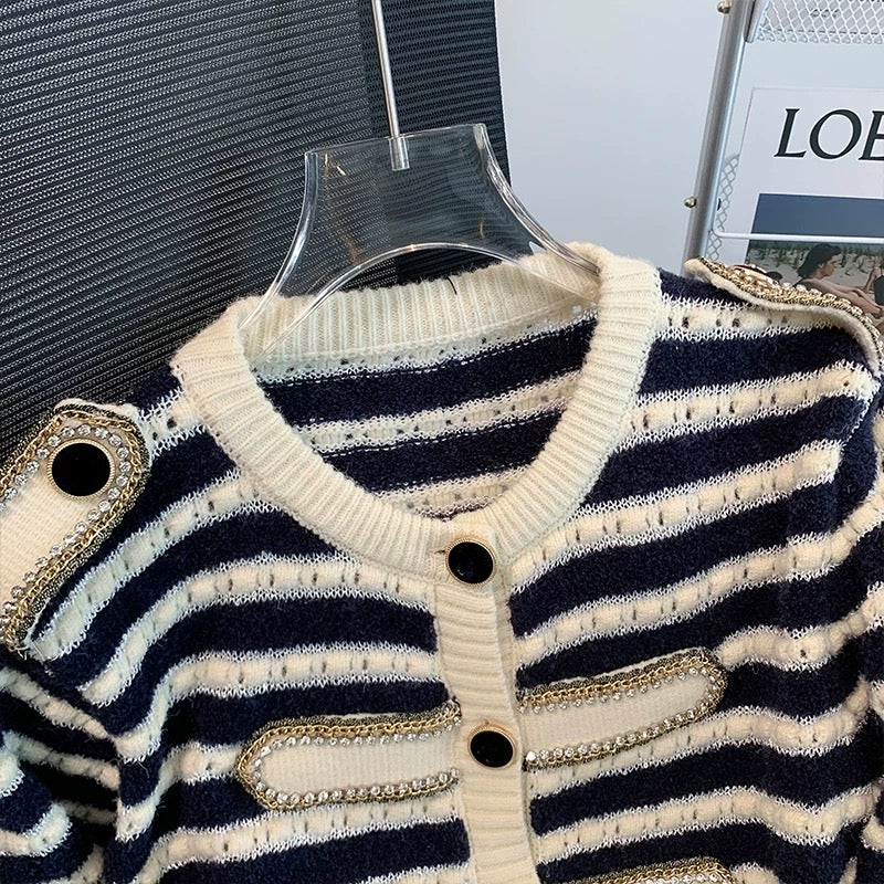 2023 new autumn chain hot diamond cardigan round neck striped color matching gold thread hollow long-sleeved knitted jacket top