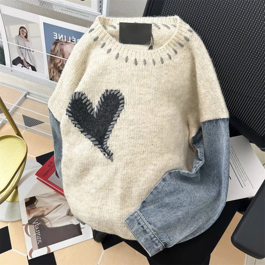 Design niche denim splicing heart knitted sweater jacket men and women spring and autumn loose retro Japanese lazy sweater