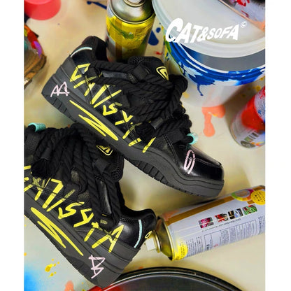 Cat and Sofa Dirty Braids/Original Design Casual Skateboard Shoes Retro Graffiti Design Couple Guochao Bread Shoes