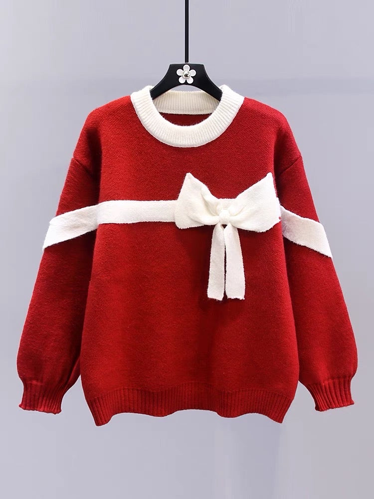 Japanese sweet red bow sweater for women autumn and winter 2023 new loose lazy style soft waxy sweater top