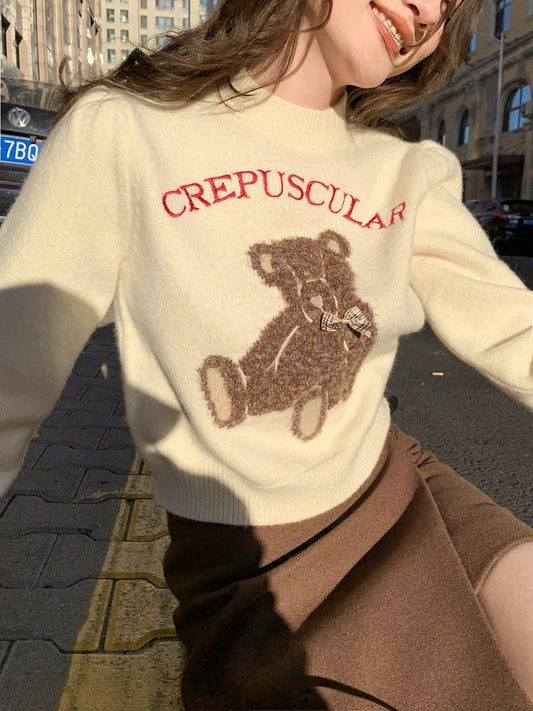 Hello Canon Teddy Bear Embroidery Puff Sleeve Sweater Women's Autumn and Winter New Loose Slim Short Knit Top