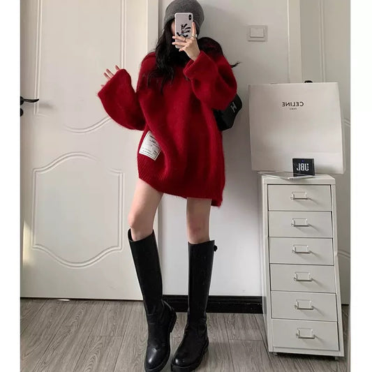 High-end fashionable red sweater for women in autumn and winter, lazy style hooded sweater, loose soft waxy top, trendy T9498