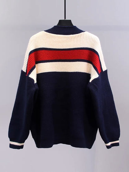 Japanese cartoon sweater jacket for women autumn and winter 2023 new loose college style mid-length color-blocked knitted cardigan