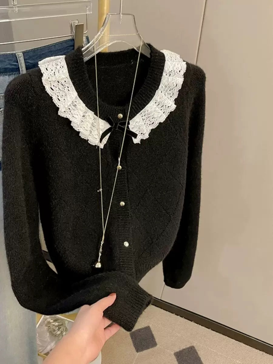 French lace embroidery lace collar knitted cardigan for women 2023 autumn new style beautiful lapel long-sleeved knitted top T9897