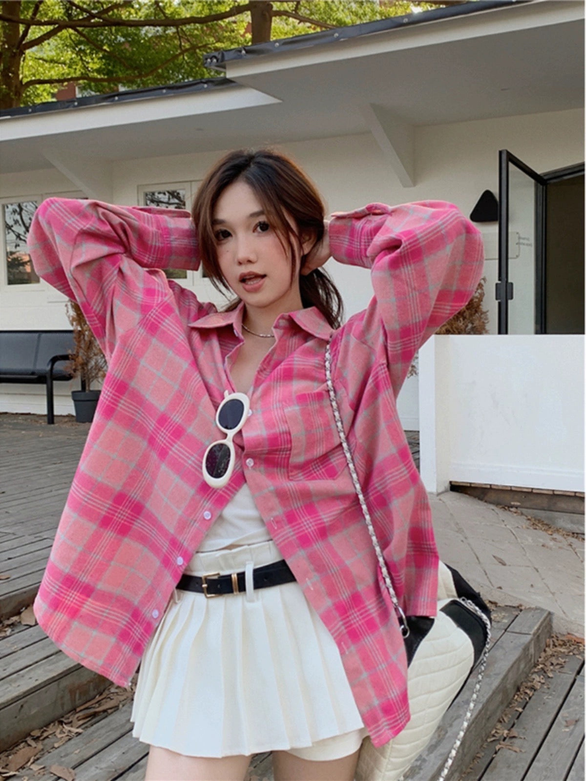 Korean version of the pink plaid long-sleeved sunscreen shirt women's early autumn new loose and versatile mid-length outerwear chic