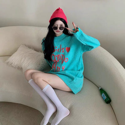 Lazy style large size sweater for women 2023 autumn and winter contrasting letter embroidery loose Korean style mid-length casual sweater T3444