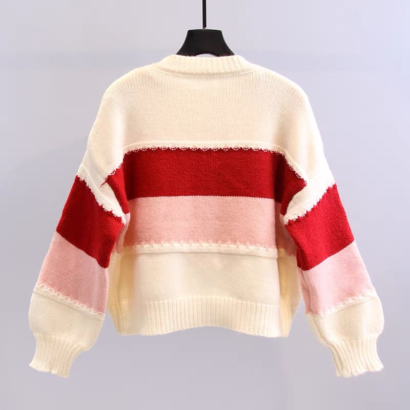 Small fresh contrasting color striped sweater jacket for women autumn and winter 2023 new Japanese style sweet loose outer knitted cardigan