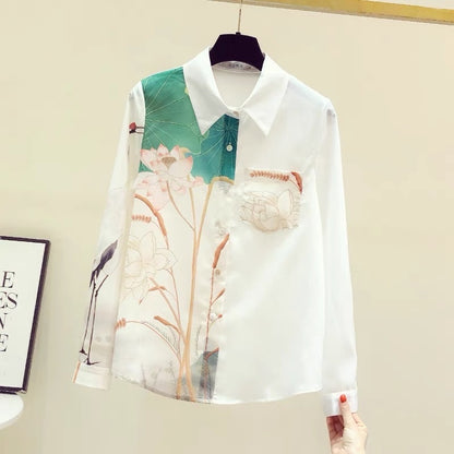 High-end national style printed white shirt female temperament fashion foreign style chiffon long-sleeved top spring and autumn design sense niche