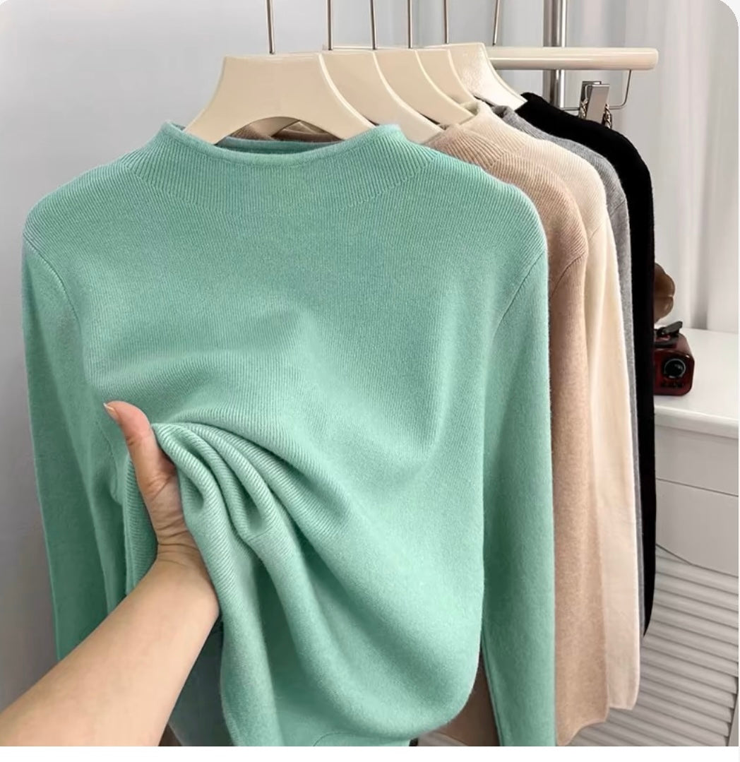 [Free Trial] Versatile basic half-turtle collar knitted bottoming shirt for women in autumn and winter slim-fitting long-sleeved top