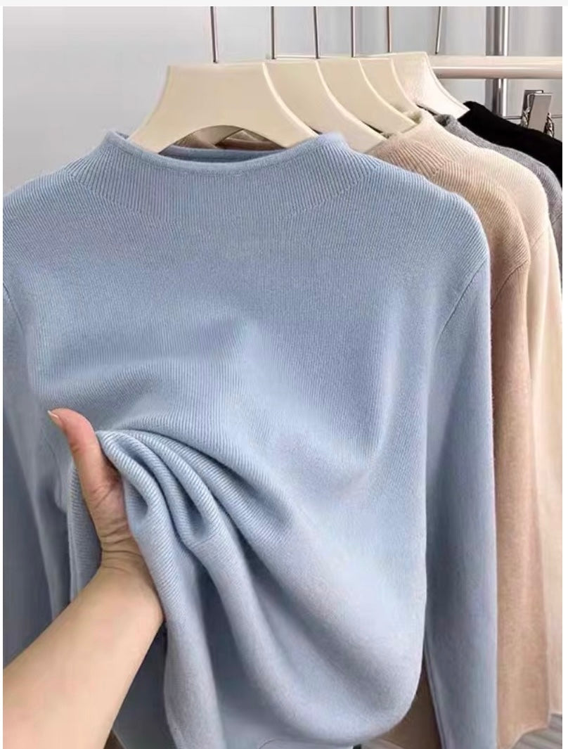 [Free Trial] Versatile basic half-turtle collar knitted bottoming shirt for women in autumn and winter slim-fitting long-sleeved top