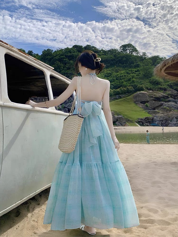 French temperament hanging neck suspender dress female summer high-end sexy open back seaside vacation beach long skirt super fairy