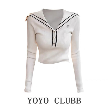 YOYO CLUBB college style navy collar sweater for women 2024 autumn large size French slimming long-sleeved top