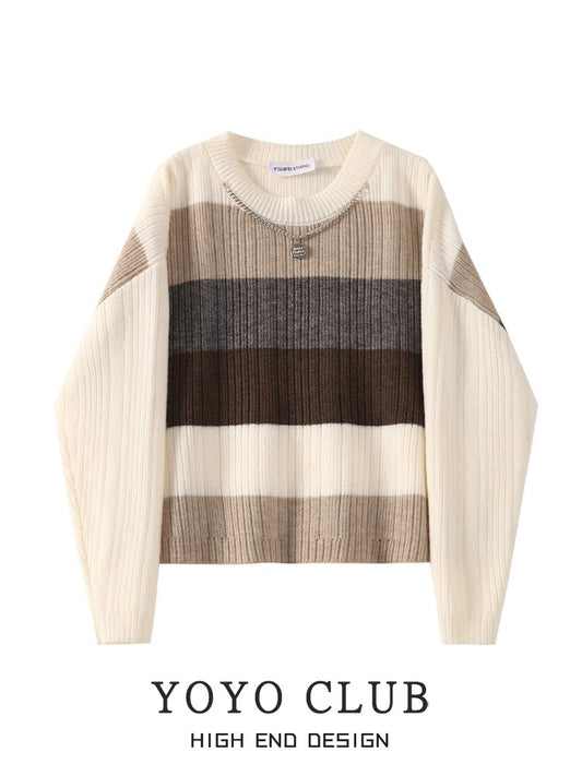 YOYO CLUB large size retro contrast striped sweater lazy style autumn and winter new slim pullover sweater for women