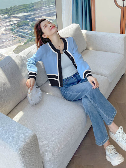 Xiaoxiangfeng coat for early autumn wear blue knitted sweater cardigan autumn French top for women 2024 new hot style