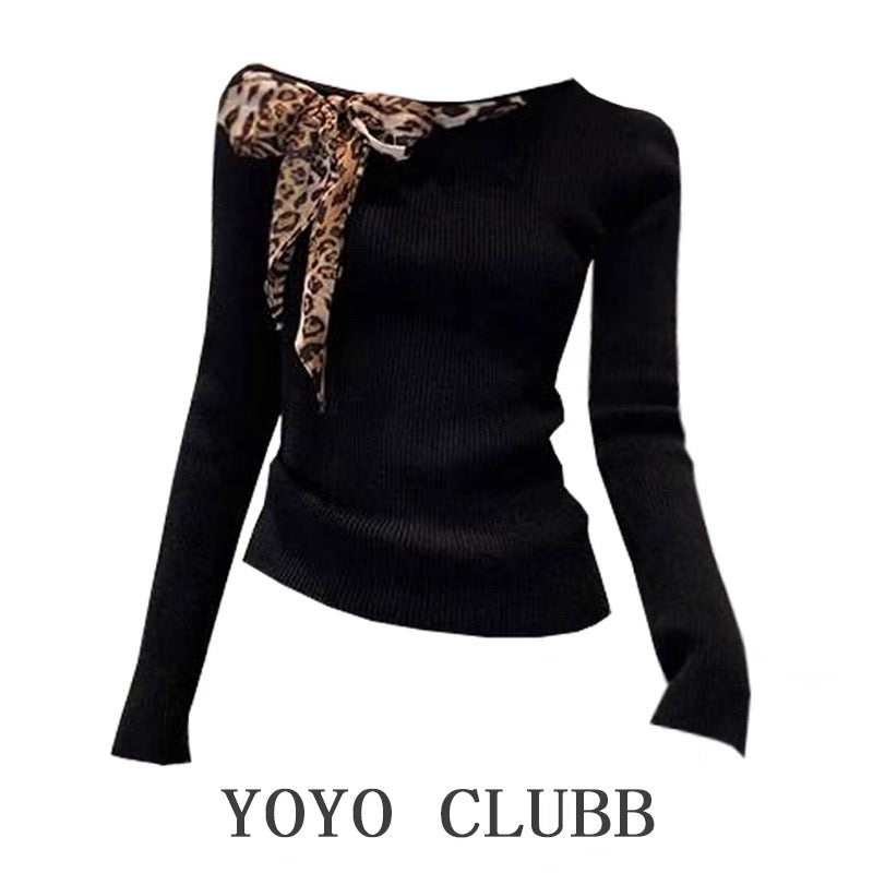 YOYO CLUBB design leopard print bow top for women 2024 autumn large size sweet and spicy slim-fit oblique shoulder sweater