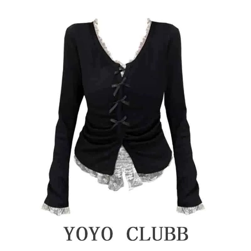 YOYO CLUBB pure desire stitching lace V-neck long-sleeved T-shirt 2024 large size chic slim two-piece top suit