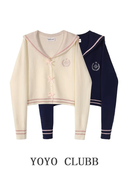 YOYO CLUBB College Style Navy Neck Sweater Jacket 2024 Autumn New Design Bow Knit Sweater