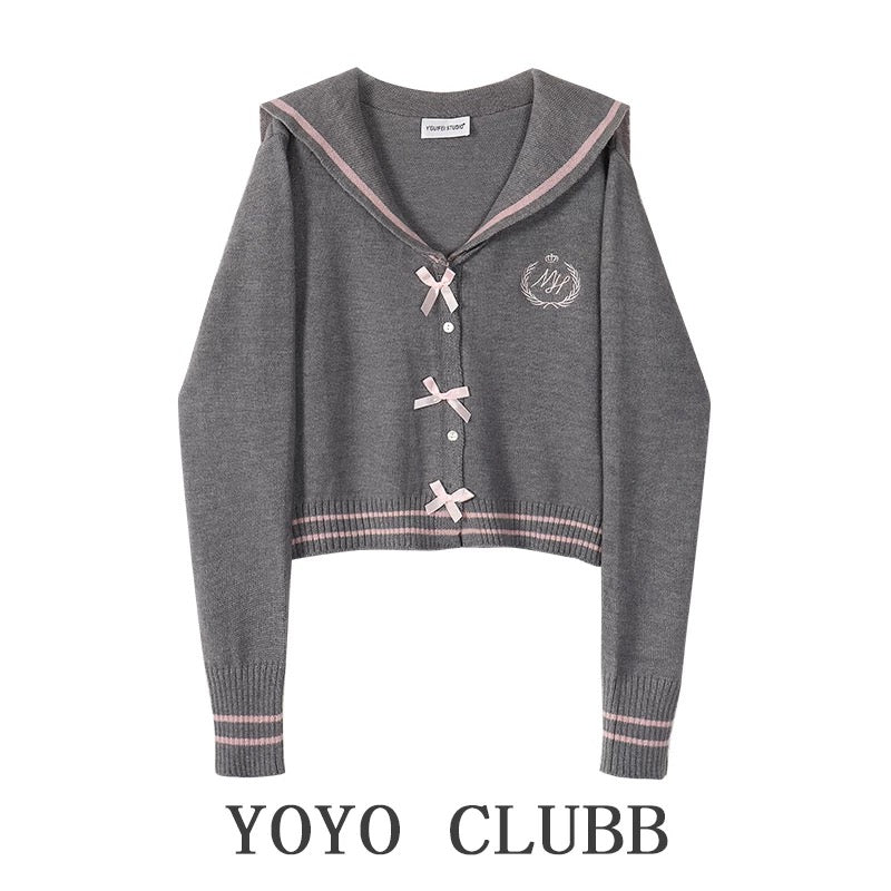 YOYO CLUBB College Style Navy Neck Sweater Jacket 2024 Autumn New Design Bow Knit Sweater